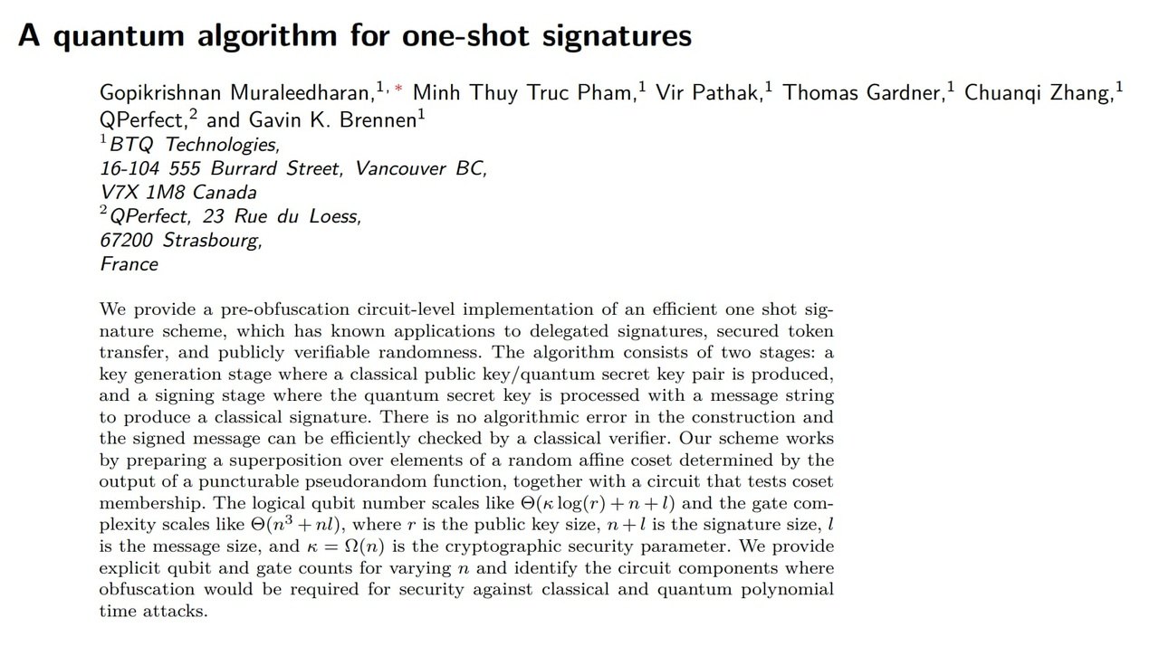 Title page of the paper A quantum algorithm for one-shot signatures